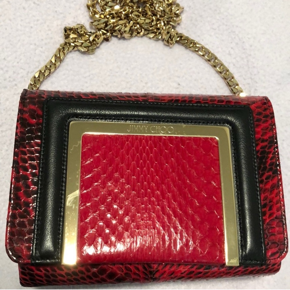 Jimmy Choo Red and Black Clutch with Gold Chain